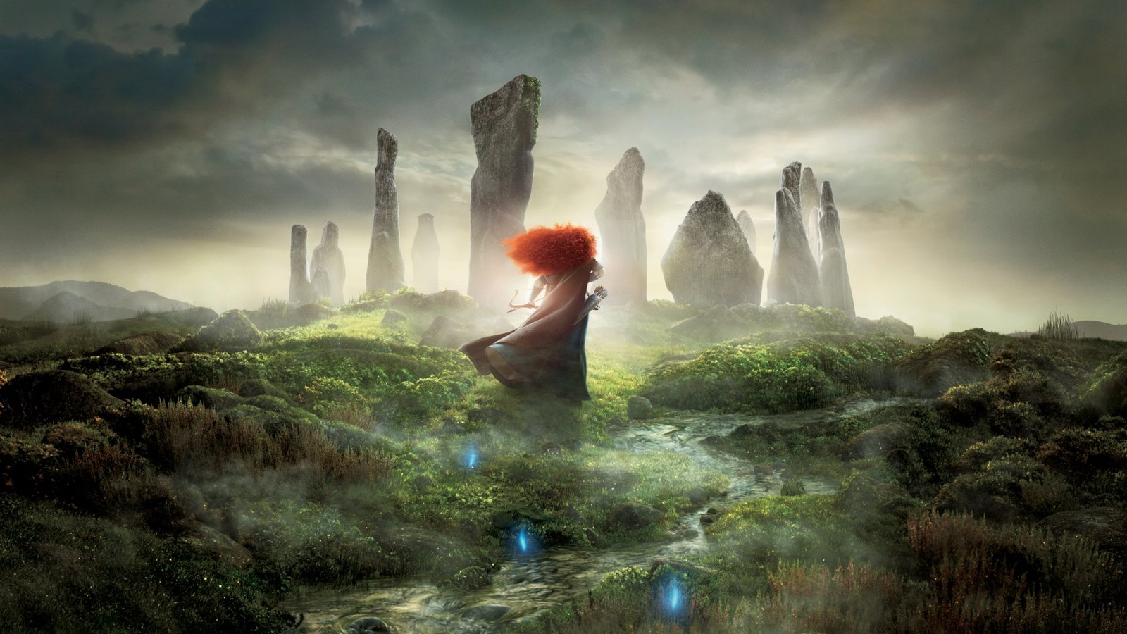 Merida walking toward the standing stones through a misty Highland meadow, from Brave