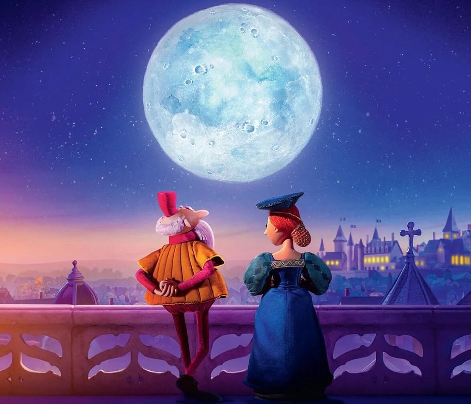 Two characters on a balcony under a full moon, from Léo